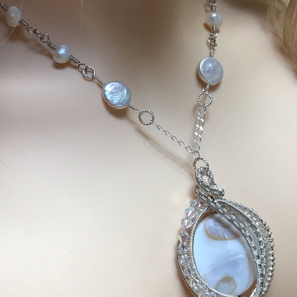 Mother of Pearl Fresh Water Pearls Sterling Silver Necklace- Handcrafted Design - Picture 7 of 10